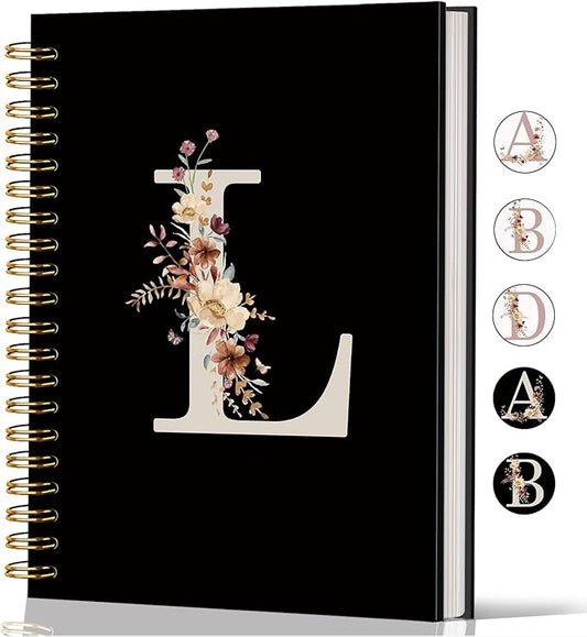 Lacama Cute Initial Letter L School Notebook Journal, Aesthetic Wildflower Personalized Black Spiral Notebook, School Supplies, Customized Monogrammed Gifts, Birthday Gifts for Women, Office Supplies