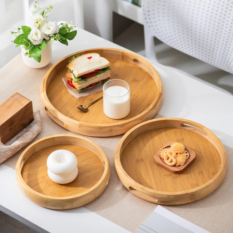 9.8" Round Bamboo Tray with Handles, Wood Serving Tray, Decorative Tray - Image 7