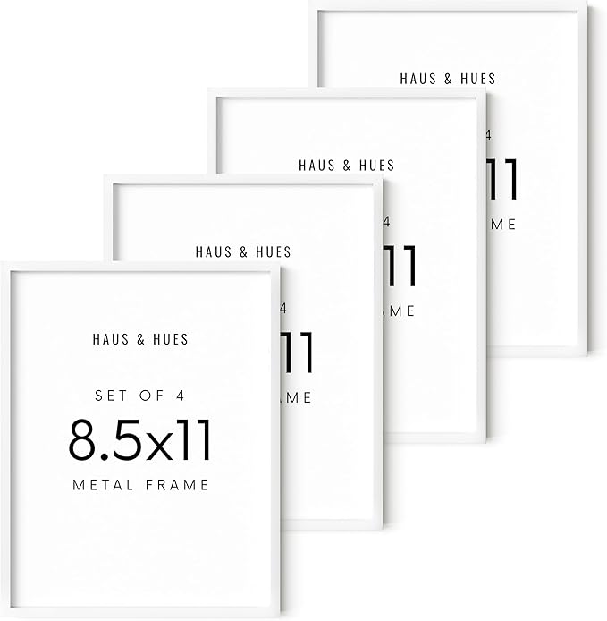 HAUS AND HUES 8.5x11 White Aluminum Frame Set of 4 - Diploma & Certificate Display, Shatterproof Plexiglass (8.5x11 in, White)