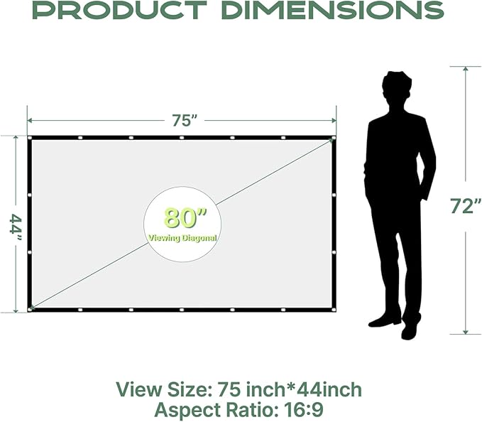 AAJK 80 inch Projector Screen, Washable Projector Screen 16:9 Foldable Anti-Crease Portable Projector Movies Screen for Home Theater Outdoor Indoor Support Double Sided Projection