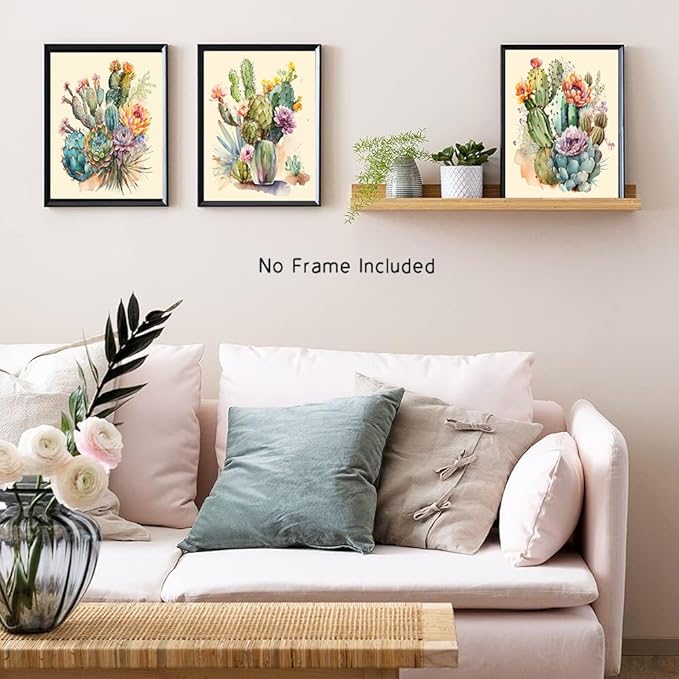 Cactus Posters, Canvas Wall Art Cactus Decor,Cacti Botanical Prints,Green Flowers and Plants Bathroom Poster Printing Women's Apartment Office Fashion Gift (8x10 inch，Set of 4，Unframed)