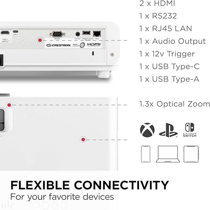 ViewSonic PX749-4K UHD 4K Gaming Projector Designed for Xbox with 4.2ms Response Time, 4000 ANSI Lumens, H/V Keystone, 1.3x Optical Zoom, and USB C for Home Theater