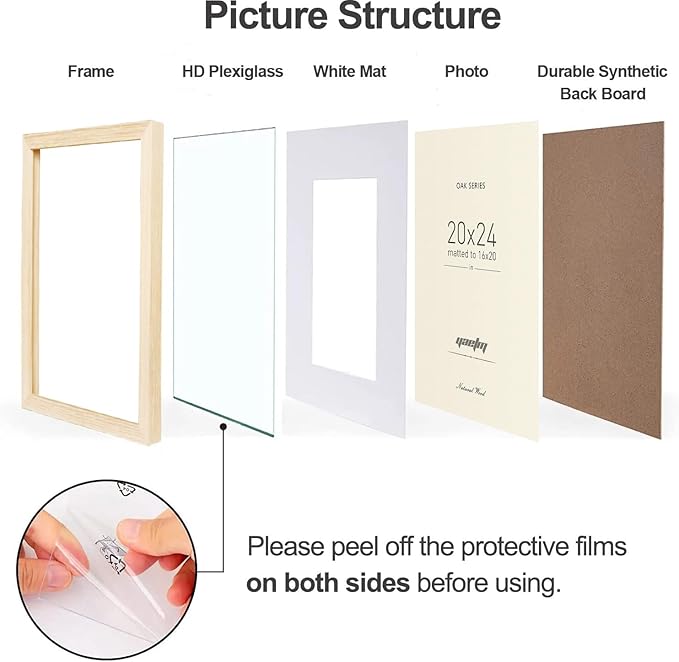 Yaetm 20x24 Picture Frame Matted to 16x20 Set of 3, Natural Solid Oak Wood Frame with Plexiglass for Wall Mount, Wide Molding (3 pack, Oak)
