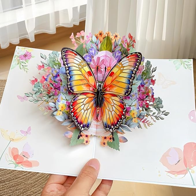 3D Bouquet Butterflys Gold Pop Up Thank you Card, Teacher Appreciation Card, Handmade Flowers Box Greeting Cards with Note and Envelope for New Year Anniversary Valentines