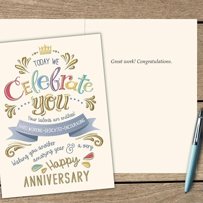 25 Employee Anniversary Cards - Fun Typographic Design - 26 White Envelopes - FSC Mix