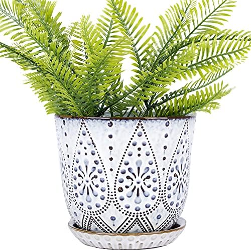 VanEnjoy 5.9 inch Round Bohemian Style Ceramic Planter, Geometry Engrave Off White Brown Succulent Planter Flower Pot, Indoor Outdoor Decorative Planter by VanEnjoy
