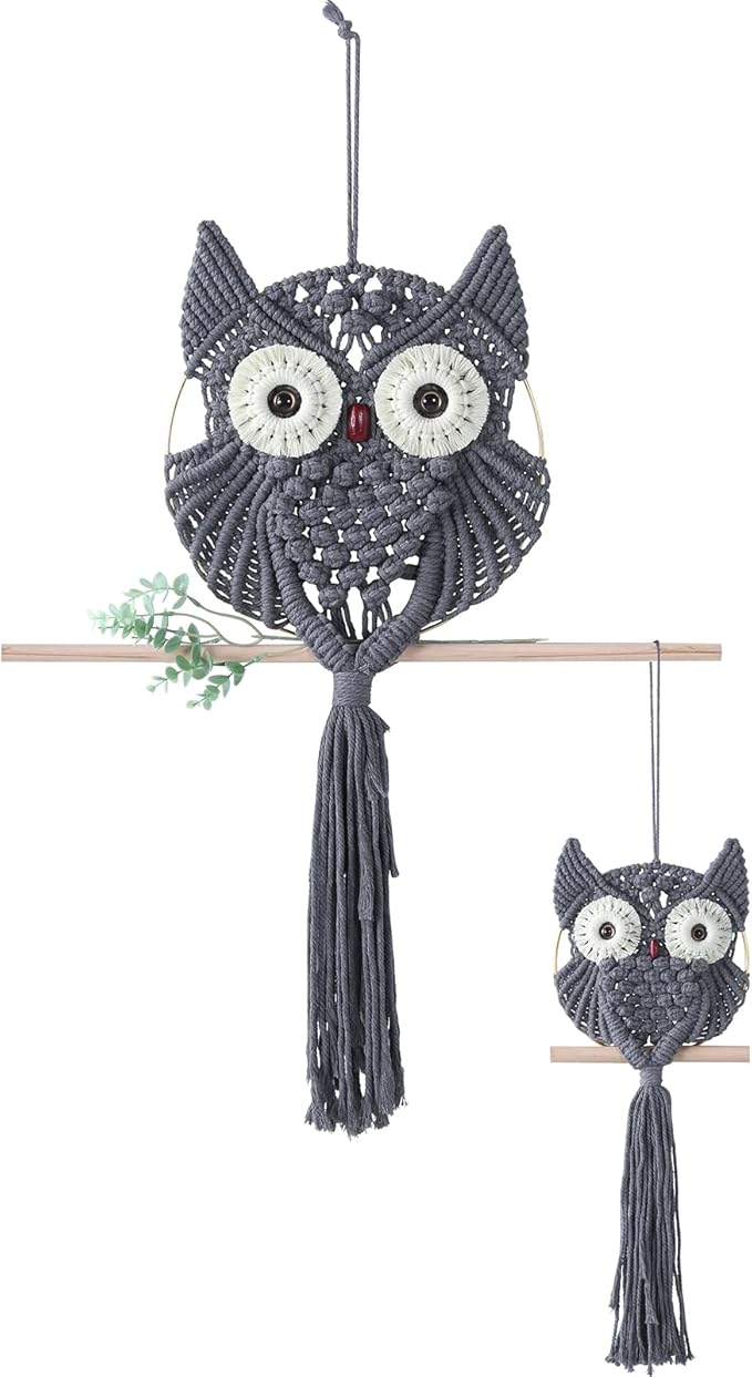 MVSUTA Owl Grey Cotton Handmade Macrame Wall Hanging Tapestry Home Decor Art and Gray Craft Wonderful Decoration Woven Boho Ornament for Office Bedroom Apartment Living Nursery Gallery,2pcs set:1pc L