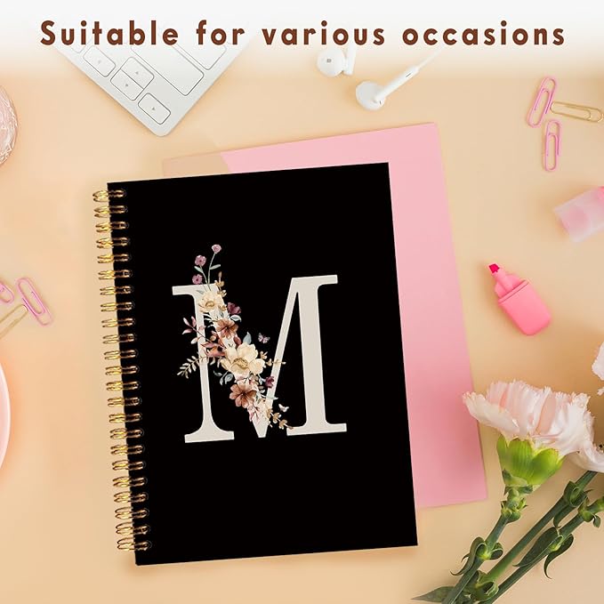 Lacama Cute Initial Letter M School Notebook Journal, Aesthetic Wildflower Personalized Black Spiral Notebook, School Supplies, Customized Monogrammed Gifts, Birthday Gifts for Women, Office Supplies