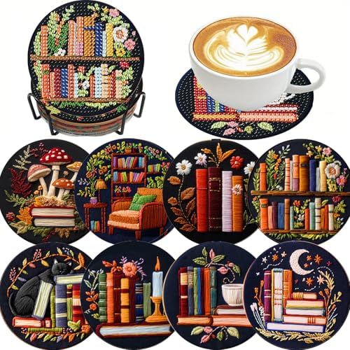 8 Pcs Bookshelf Diamond Art Coasters Kit - DIY 5D Small Diamond Painting Coasters with Holder, Mini Diamonds Arts Kits for Adults Coaster, Gem Art Arts and Crafts for Adults by Clendo