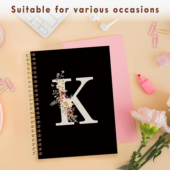Lacama Cute Initial Letter K School Notebook Journal, Aesthetic Wildflower Personalized Black Spiral Notebook, School Supplies, Customized Monogrammed Gifts, Birthday Gifts for Women, Office Supplies