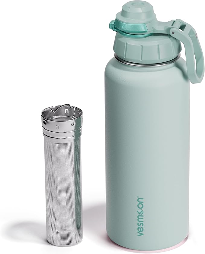Vesmoon Vessence 32 Oz Stainless Steel Tea Infuser Bottle for Loose Leaf Tea, Water, Herbs, Fruits - Triple Layered Insulated, Leak Proof Bottle with Lid and Clip Handle - 24 Hours Hot/Cold