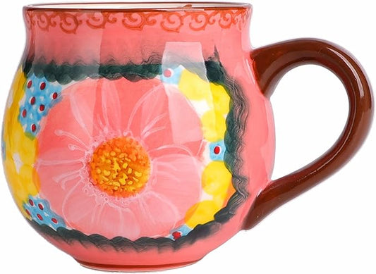 silesia Handmade Coffee Mug with Handle, 12 Ounce Ceramic Hand-Painted Flower Mugs for Home and Kitchen in Gift Box, Oven, Dishwasher & Microwave Safe (Glazed Pink)