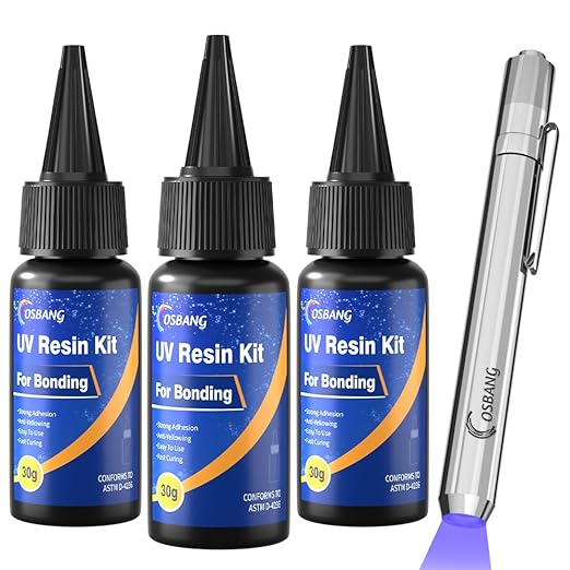 UV Resin Kit with Light, Curing & Bonding in Seconds, 90g/3oz Transparent UV Glue with UV Flashlight for Plastic, Resin, Acrylic, Glass Bonding & Repairing(30g*3)