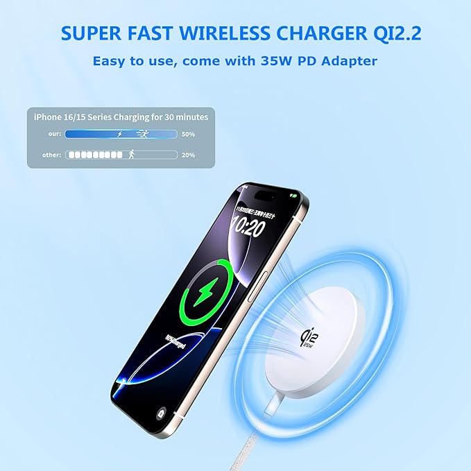 25W Magnetic Wireless Charger for iPhone 17 16 Fast Charging[Apple MFi Certified]6FT Qi2.2 Certified 35W USB-C Adapter Mag Safe Fast Charging Pad for iPhone 17 Pro Max/17 Pro/16/15/14,Mag-Safe Charger