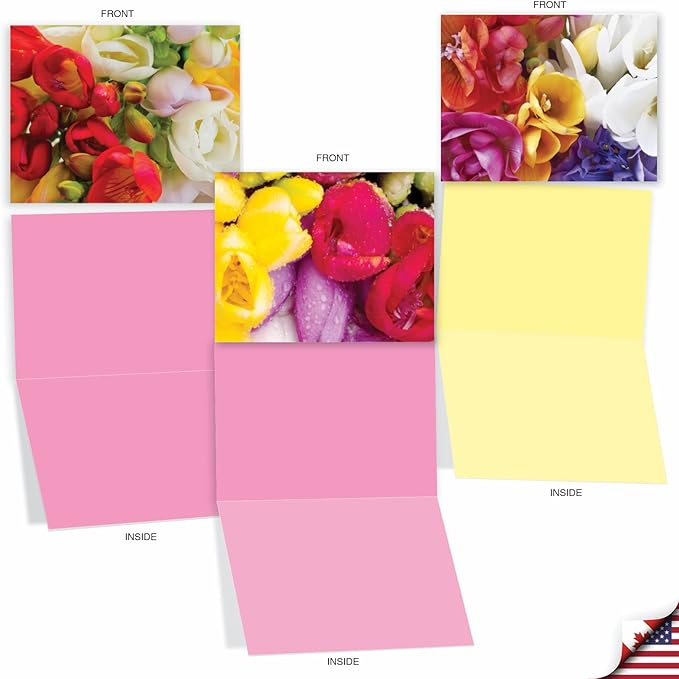 The Best Card Company - 10 Blank Note Cards with Flowers (4 x 5.12 Inch) - Floral Notecards, All Occasion Boxed Assortment - Fanciful Freesias M3040