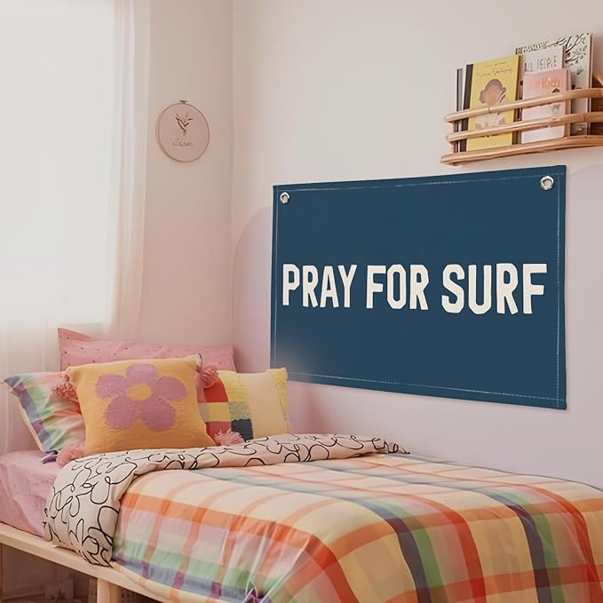 Surf Decor, Coastal Beach Room Decor Aesthetic, Linen Banner Wall Hanging Canvas Banner Flag Decor for Coastal Surfer Room Bedroom Beach - Navy Blue