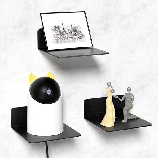 Small Wall Shelves Set of 3, 5 Inch Metal Display Ledges for Small Models, Funkos, Collectibles, Little Statues, Adhesive Floating Shelves for Bathroom, Living Room, Bedroom (Black)