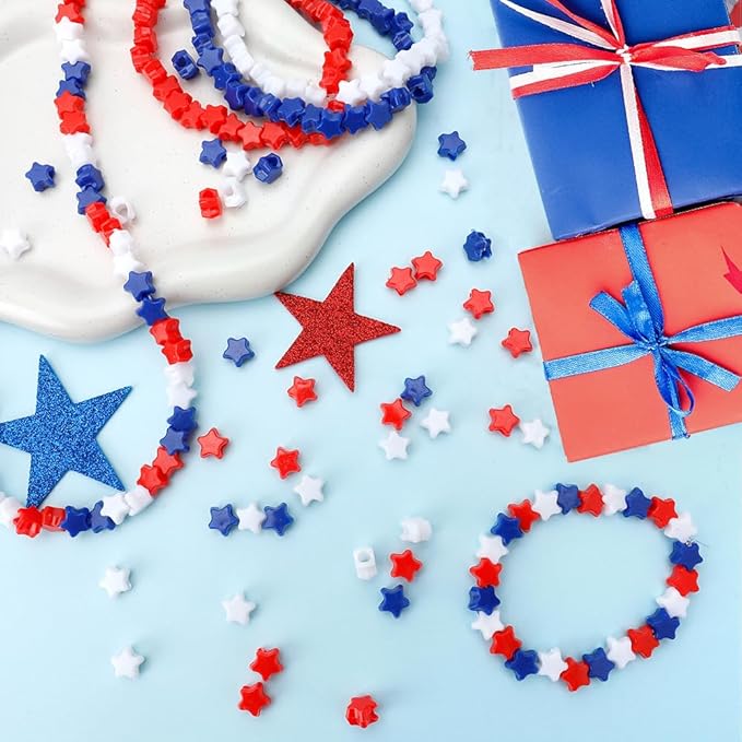 1100PCS Star Beads,Red White and Blue Beads,Patriotic Star Pony Bead Bracelets,4th of July Bead,Independent Day Accessories for Jewelry Making Crafts & Hair Braiding