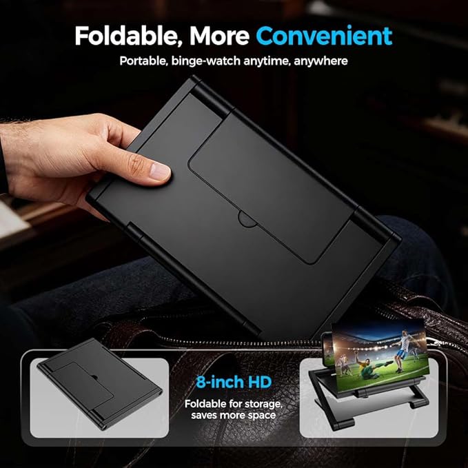 Mobile Phone Magnifier Screen, 3D HD Magnifying Projector Screen Enlarger, Foldable Phone Stand with Screen Amplifier for Movies Videos Gaming, Compatible with All Smartphones (Black Liftable, 8inch)