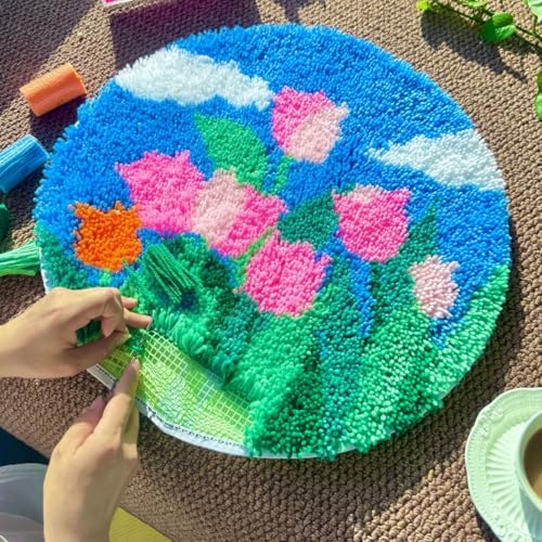MeoobkCraft Latch Hook Rug Kits for Adults, Tulip Latch Hook Kit, DIY Floral Beginner Craft, Home Decor 19.7x19.7in - Image 3