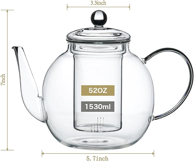 1530 ml/52 oz Large Glass Teapot with Removable Infuser, Clear Tea Kettle Stovetop Safe for Loose Leaf and Blooming Tea, Tea Lover's Choice,Gifts for Christmas