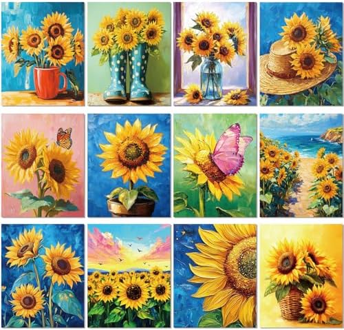 Engrowtic 12 Pcs 8 x 10'' Sunflower Flower Pre Drawn Canvas to Paint Pre Printed Sketched Canvas for Adult Ladies Paint Art Party Favor Board Set for Craft(Bright Style) by Engrowtic
