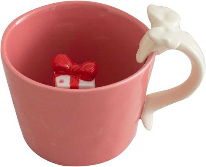 DIHOclub Ceramic Coffee Mug with Gift Box & Bow Handle, Giftable Novelty Tea Cup for Women Men, Christmas Birthday Anniversary Valentine's Day Gift Idea (Red)