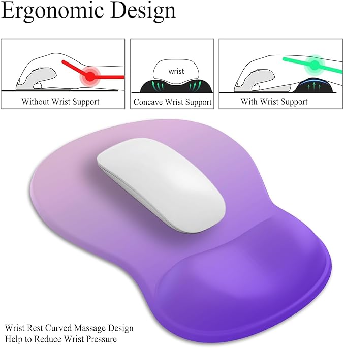 Gel Mouse Pad with Wrist Rest, Ergonomic Concave Wrist Support Mousepad with Non-Slip PU Base & Smooth Surface Comfortable Desk Accessories Mat for Office, Home Gaming and Study (03 Gradient Purple)