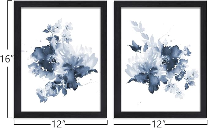 JOWOROLO Framed Blue Flower Wall Art Modern Abstract Floral Painting Wall Decor Watercolor Flowers Poster on Canvas Prints 2 Panels Botanical Artwork for Bedroom Bathroom Living Room 12x16inch