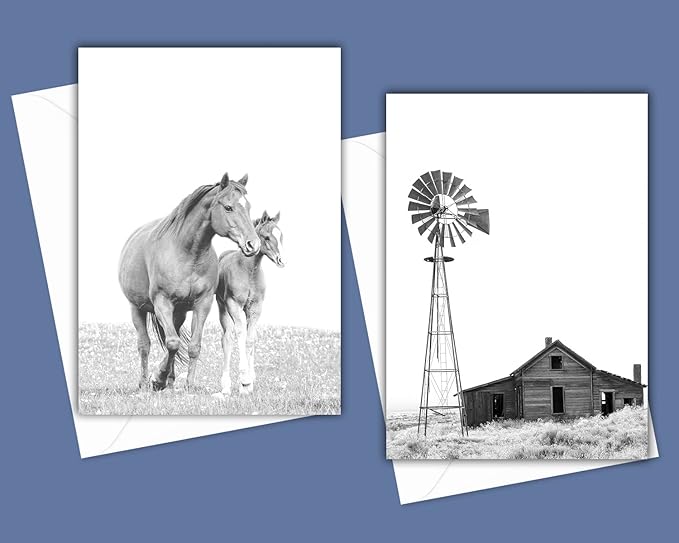 Modern Farmhouse Greeting Cards - Set of 10 All Occasion 5x7 Note Cards with Envelopes. Blank Inside. Assorted Black & White Photos including Horses, Cows, Barn, Daisies, Windmill and more.