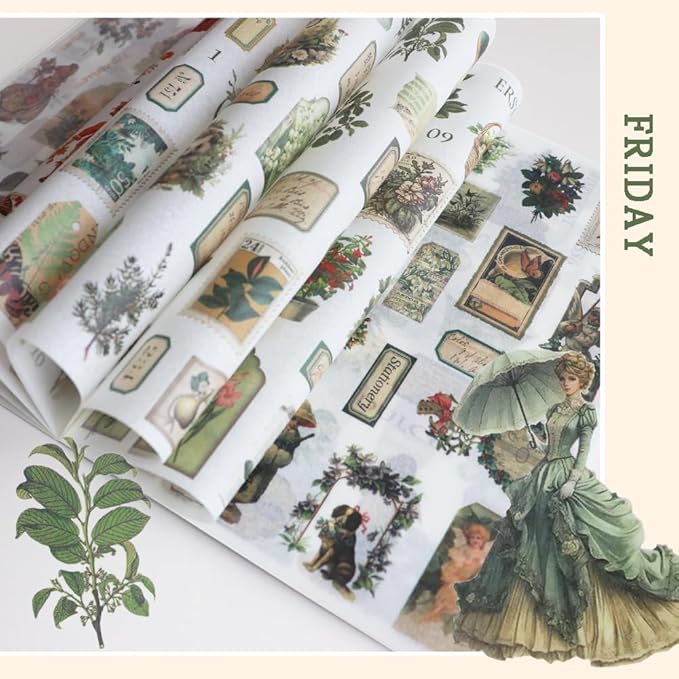 Vintage Stickers for Scrapbooking, Junk Journal - 24 Sheets Washi Sticker, Victorian Journal Stickers Book for Women, Self-Adhesive Scrapbook & Junk Journal Supplies (Green)