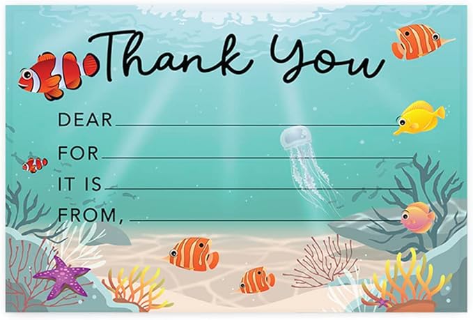 Andaz Press Kids Fill in the Blank Thank You Cards - 20 Cards Including Envelopes Under The Sea Gender Neutral Note Cards For Boys Girls Birthday Party Thank You Notes for Friends Family Party Guests