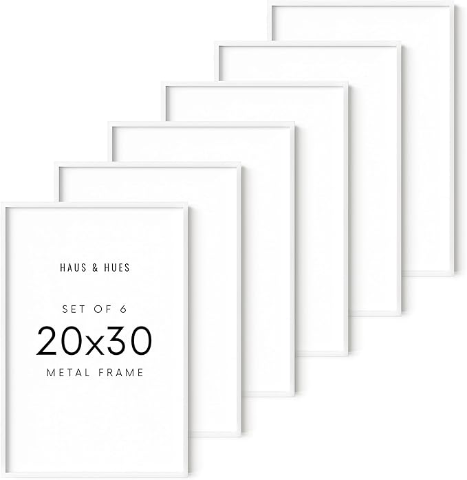 HAUS AND HUES 20x30 White Aluminum Frame Set of 6 - Vertical & Horizontal Hanging, Shatterproof Plexiglass (20x30 in, White)
