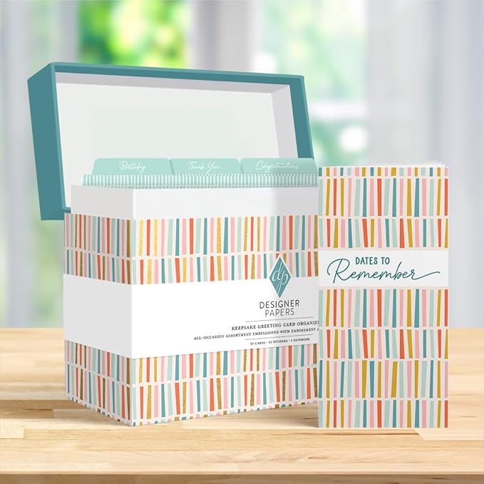 Designer Papers All-Occasion Greeting Card Boxed Assortment (24 Cards with Envelopes) Multicolor Striped Organizer Box – Birthday, Thank You, Get Well, Sympathy, Wedding, New Baby and Congratulations