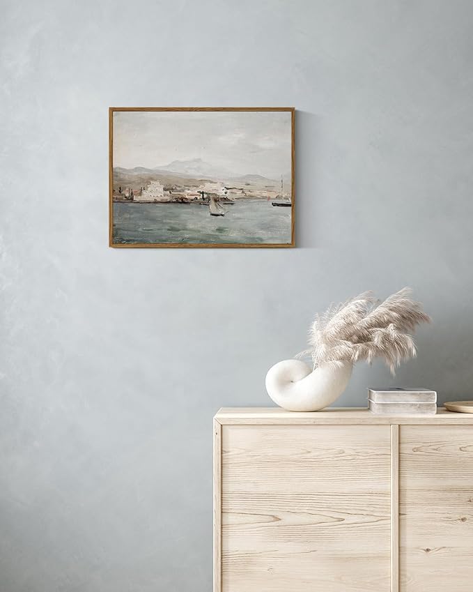 VIYYIEA Ocean Framed Wall Art, View of the Port Vintage Art Decor Room Aesthetic, 12x16 Inch Canvas Print Artwork, Sea Landscape Painting Wall Decor for Bedroom Bathroom Office