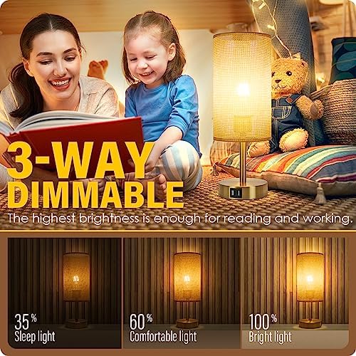 Yarra-Decor Bedside Lamp with USB Port - Touch Control Table Lamp for Bedroom Wood 3 Way Dimmable Nightstand Lamp with Round Flaxen Fabric Shade for Home Office (LED Bulb Included) (Y - NET) - Image 2