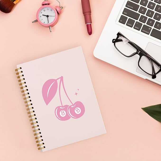 Pink Notebook Journal, Funky Retro Y2K Preppy Pink Lucky 8 Ball Cherry Notebook, Pink Office Supplies, Pink Aesthetic Notebooks, Pink Desk Accessories, Pink Hardcover Spiral Notebook 5.5x8.3