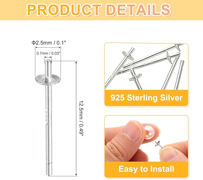uxcell 3 Set 925 Sterling Silver Earring Posts, Pearl Cup Pad Earring Stud Blanks for DIY Earrings Jewelry Making Findings, Plain Silver, 2.5mm/0.1" Cup Size