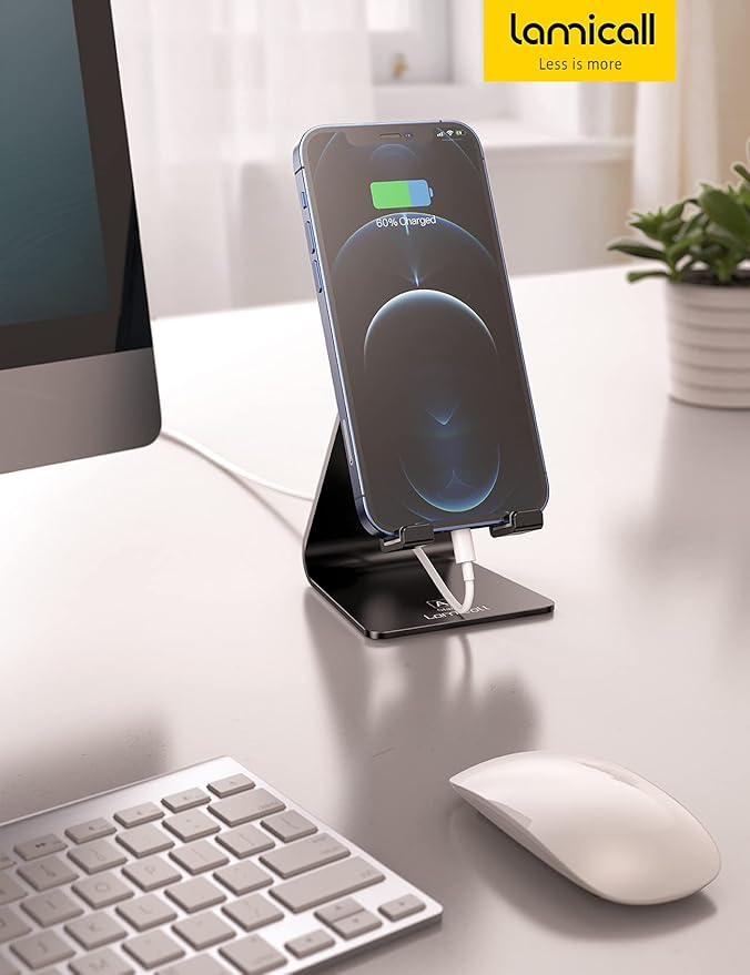 Lamicall Adjustable Cell Phone Stand, Desk Phone Holder, Cradle, Dock, Compatible with iPhone 17 16 15 14 Air Plus Pro Pro Max 13 12 X XS, 4-8" Phones, Office Accessories, All Smartphone, Black
