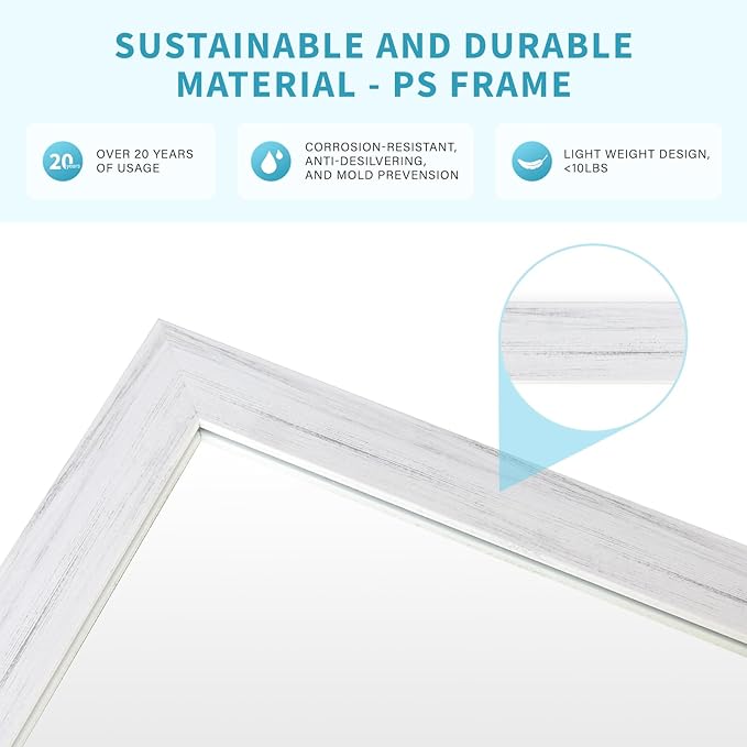 White Wood Effect Framed Wall Mirror, 24x32 Rectangle Mirror, Anti-desilvering Tempered Glass, Sustainable& Sturdy Frame, Anti-Rust, HD Reflection &3min Fast Setup for Bathroom Living Room