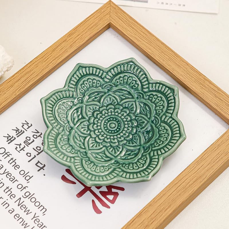 4" Datura Flower Ceramic Jewelry Dish, Ring Tray for Women(Green) - Image 3
