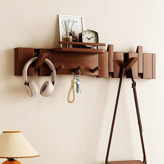 Wall Mounted Piano Key Hanger | Flip Style Hook | Entrance Wall Art Hook, Made of Oak Wood (3 Times Painted, 4 Times Polished) (Fence Walnut, 8Hooks)
