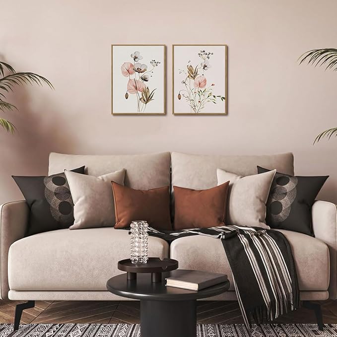 YOYIAXT 2 Pieces Watercolor Botanical Canvas Wall Art For Bedroom Pink Blush Floral Framed Wall Art Minimalist Neutral Flower Art Prints Artwork For Living Room Office, 12x16 in