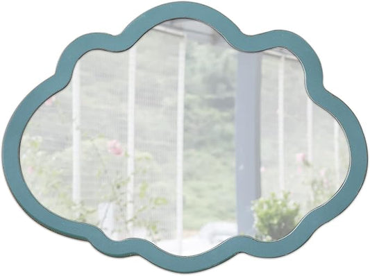 Small Blue Wall-Mounted Mirrors 12 X 16 Inch, Wood Frame Cloud Teal Mirror Decor for Living Room Hallway, Wall Hanging Handmade Distressed Finish Decorative Cute Nursery Mirrors for Wall Boy