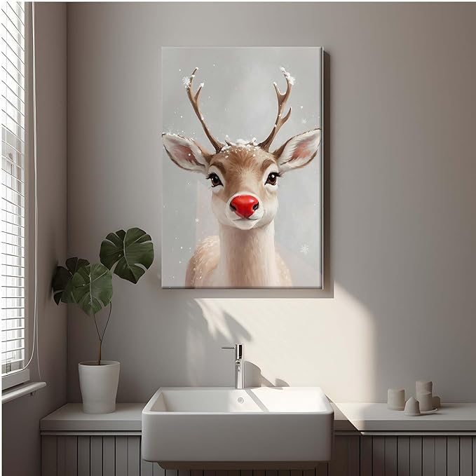 Canvas Wall Art Red Nosed Reindeer Christmas Farmhouse Mantle Canvas Wall Art Print Farmhouse Christmas Poster 12x18in-UnFramed