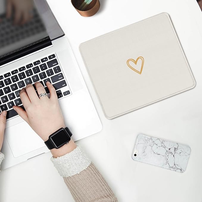 Seorsok Square Aesthetic Cute Heart Mouse Pad,Office Home Personalized Mouse Mat Design,Waterproof Funny Mousepad,Non-Slip Rubber Base Computer Mouse Pads for Wireless Mouse,Beige
