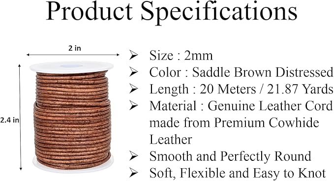 GENIQUE Real/Genuine Round Leather String Cord for Necklace, Bracelets, Jewellery, Braiding (2mm, Saddle Brown Distressed)