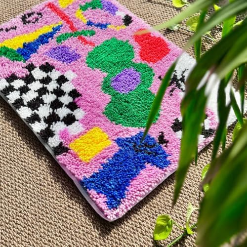 MeoobkCraft Latch Hook Kits for Adults Beginners, Pre-Printed Abstract Graffiti Latch Hook Rug Kit, Aesthetic Checkered Colorful Art DIY Rug Craft Kit for Home Decor 20.47 x 14.96 in - Image 3