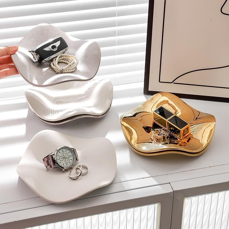 Jewelry Tray Ring Dish Ceramic Trinket Tray Key Tray Flower Wave Shape Birthday Party Wedding Home Decor for Entryway Table Livingroom dresser (Matte White) - Image 3