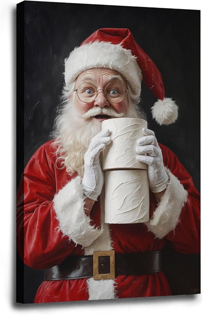 Santa Claus Canvas Print Santa with Toilet Paper Humorous Holiday Poster Holiday Evergreen Art Rural Art print Christmas Bathroom Canvas Painting Indoor Decor for Home Bathroom Framed Ready to Hang